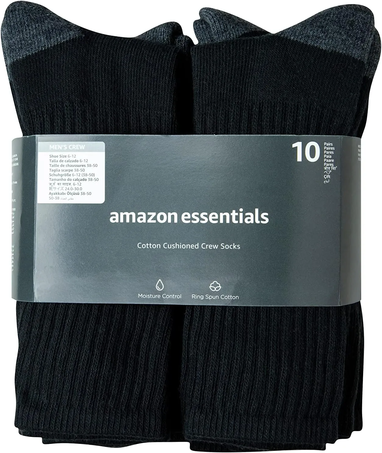 Amazon Essentials Men's Cotton Crew Socks - Comfortable, Durable, Half-Cushioned, 10 Pairs