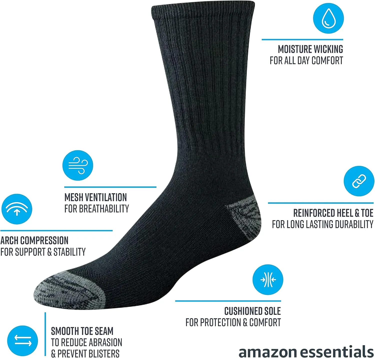 Amazon Essentials Men's Cotton Cushioned Performance Work Crew Sock, 4 Pairs
