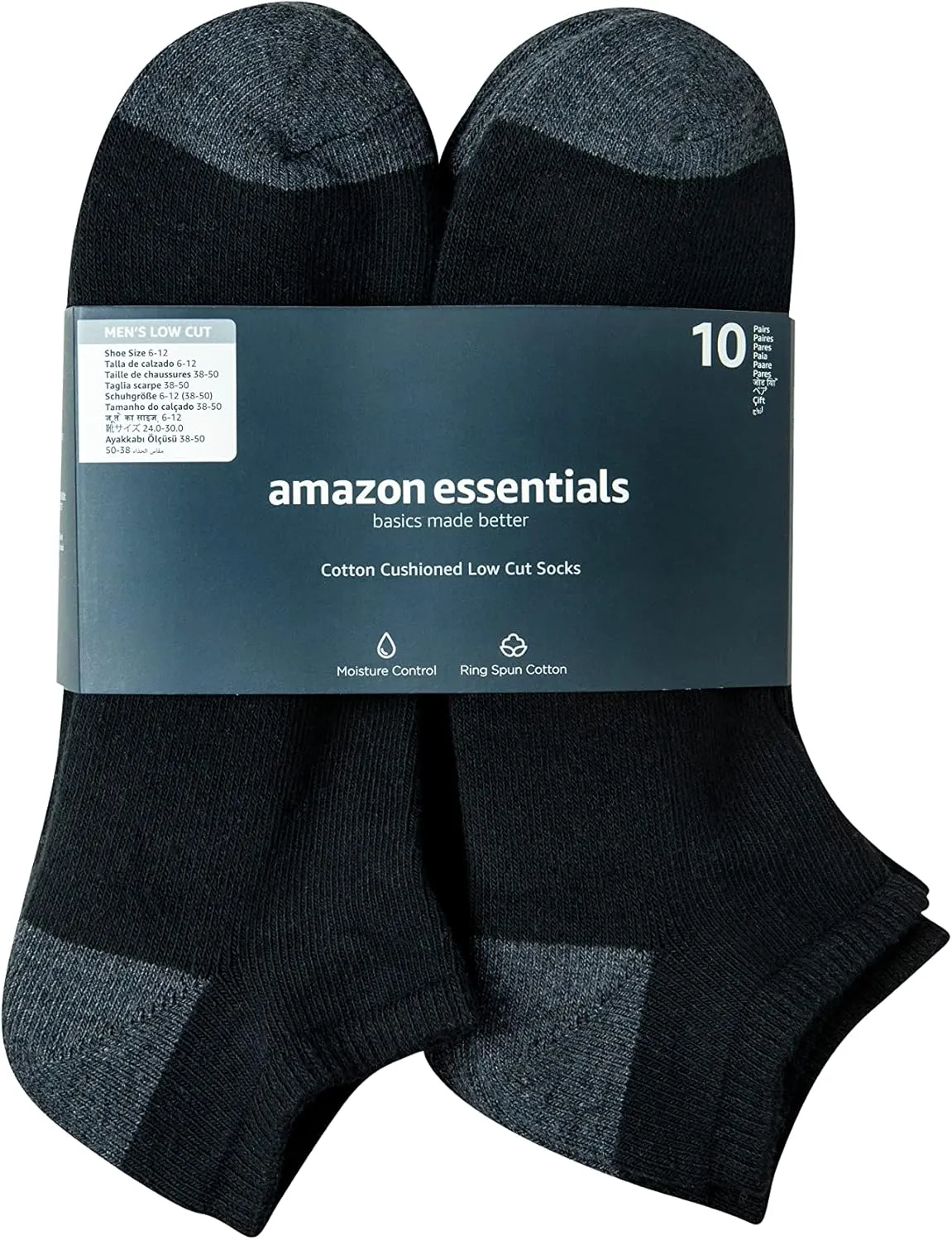 Amazon Essentials Men's Cotton No-Show Socks - Comfortable, Durable, Half-Cushioned, 10 Pairs
