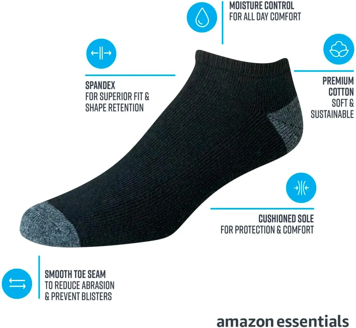 Amazon Essentials Men's Cotton No-Show Socks - Comfortable, Durable, Half-Cushioned, 10 Pairs