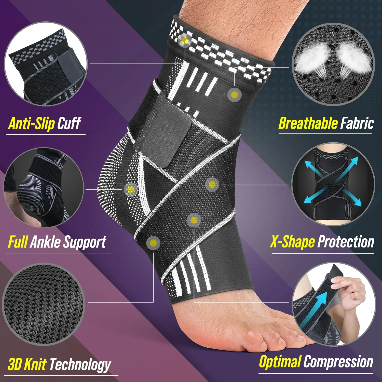 Ankle Brace for Women, Men, Plantar Fasciitis Relief, Achilles Tendonitis Brace for Sprained Foot, Ankle Compression Sleeve with Strap Black M