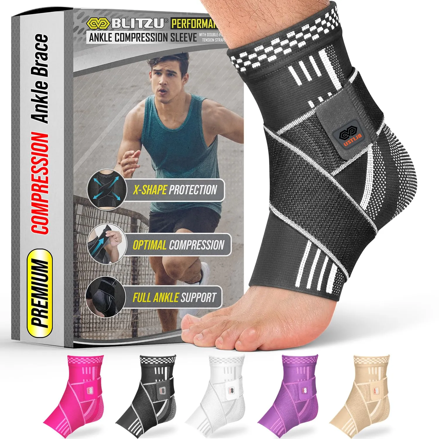 Ankle Brace for Women, Men, Plantar Fasciitis Relief, Achilles Tendonitis Brace for Sprained Foot, Ankle Compression Sleeve with Strap Black M