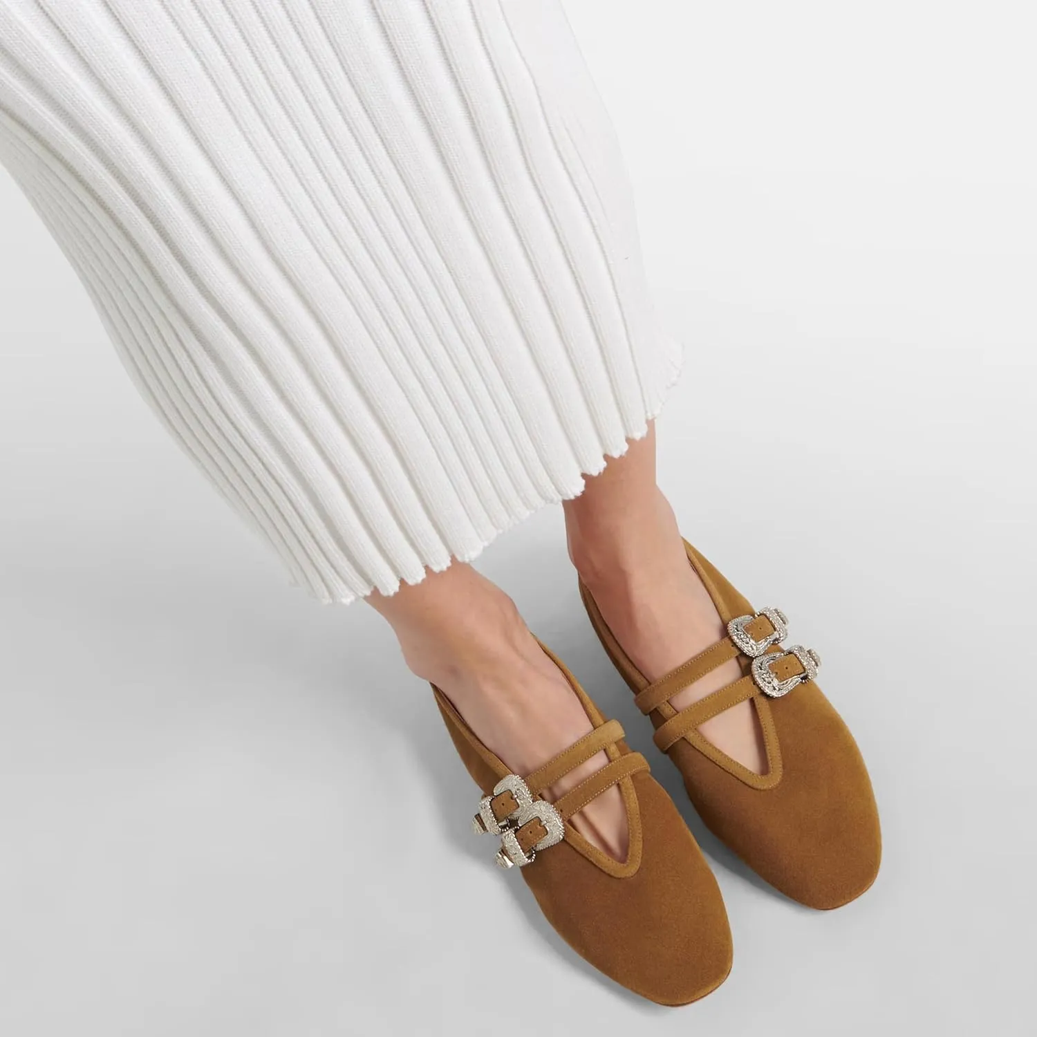 Arqa Women's Ballet Flats with Two Western Buckles Cushioned Leather Insole & Piping Dressy Comfortable Work Office Flats Wedding Ballerina Shoes