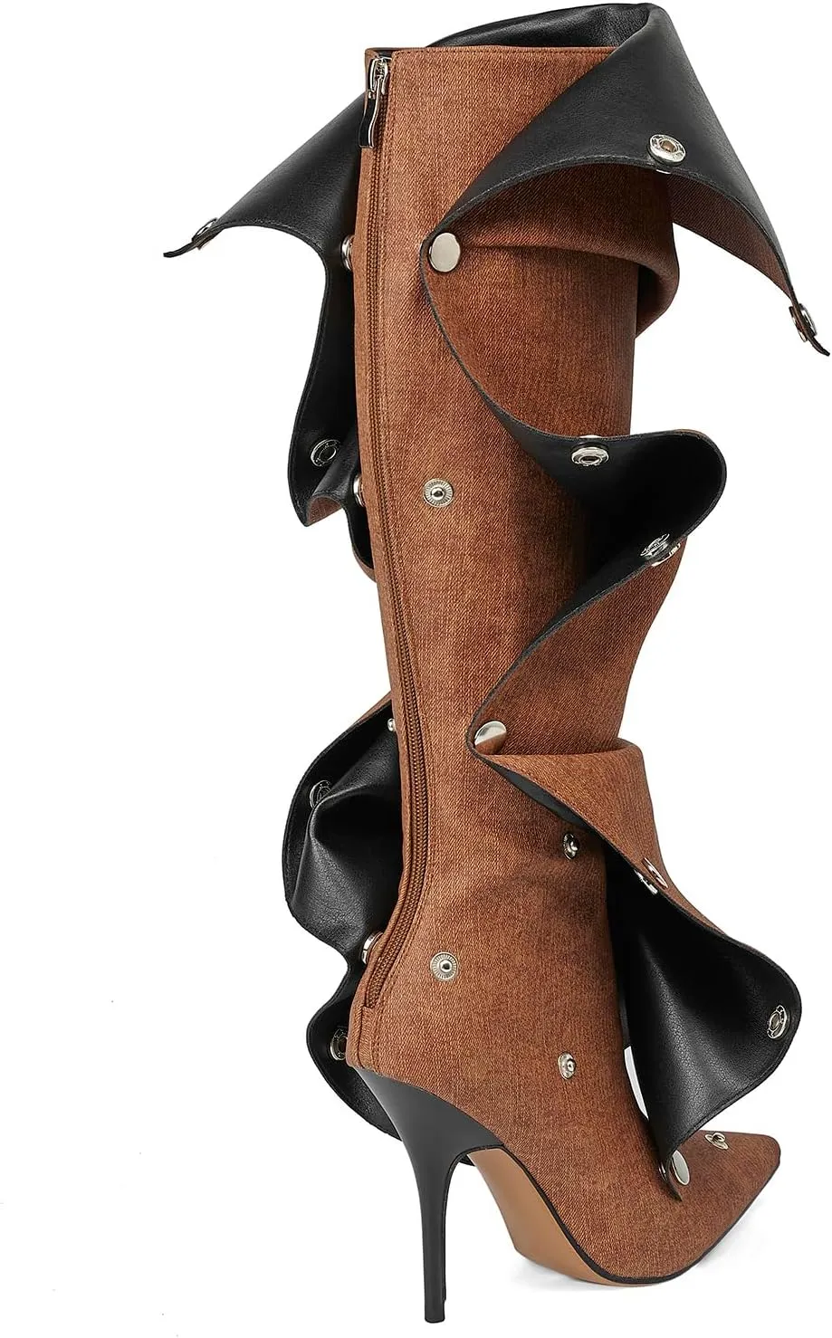Arqa Womens Stiletto Heel Knee High Boots Pointed Toe Applique Denim Boot with Zipper Silver Buttons Fall Slouchy Boot