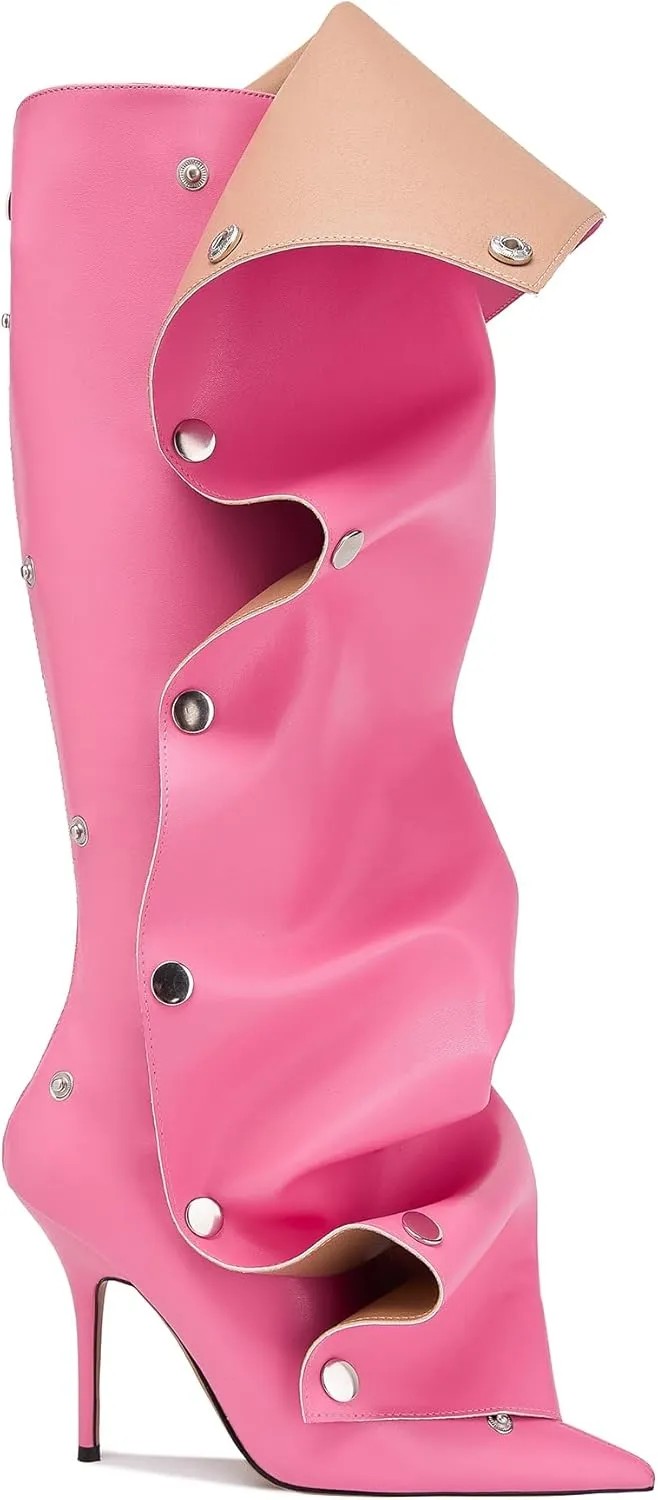 Arqa Womens Stiletto Heel Knee High Boots Pointed Toe Applique Denim Boot with Zipper Silver Buttons Fall Slouchy Boot