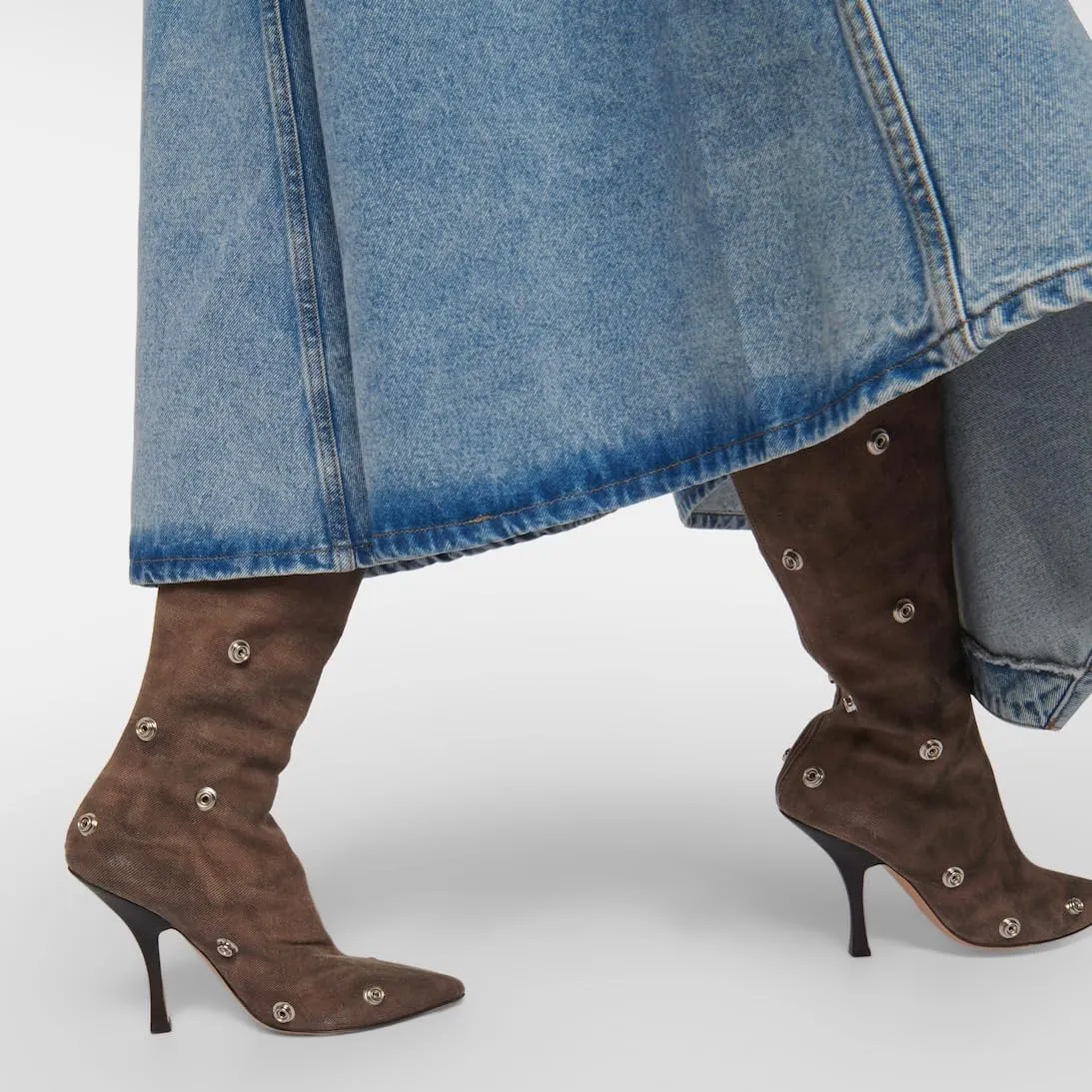 Arqa Womens Stiletto Heel Knee High Boots Pointed Toe Applique Denim Boot with Zipper Silver Buttons Fall Slouchy Boot