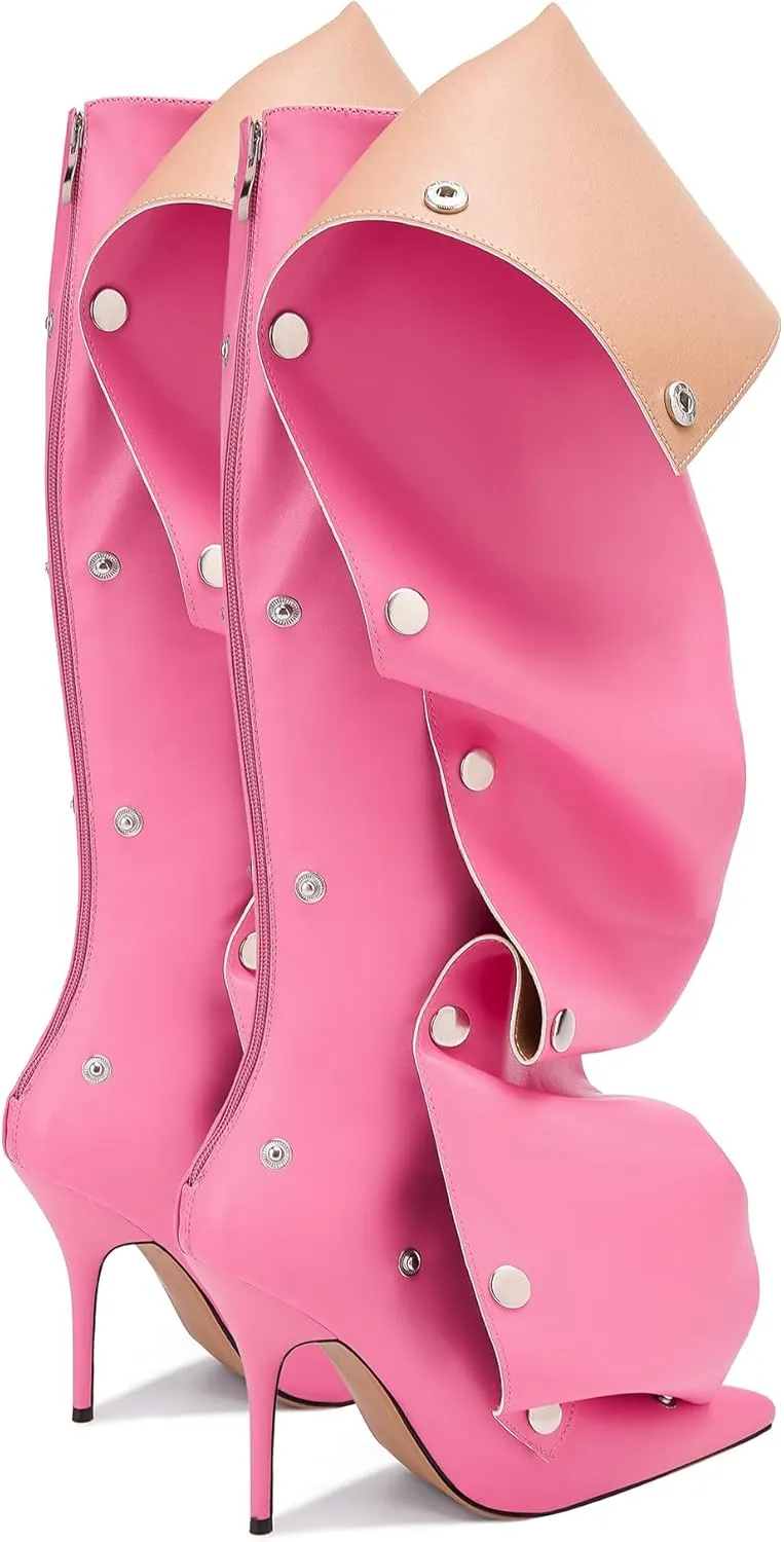 Arqa Womens Stiletto Heel Knee High Boots Pointed Toe Applique Denim Boot with Zipper Silver Buttons Fall Slouchy Boot