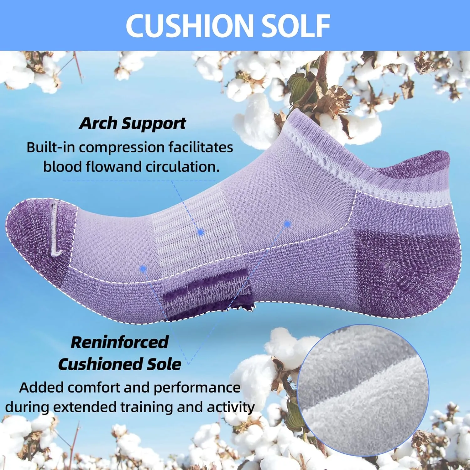ATBITER 6Pairs Ankle Socks Womens Athletic Running No Show Cushioned Low Cut Tab Socks
