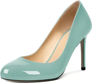 AUMOTED Women Casual Patent Round Toe Pumps Stiletto High Heel Slip On Evening Wedding Dress Shoes 3.4 Inch