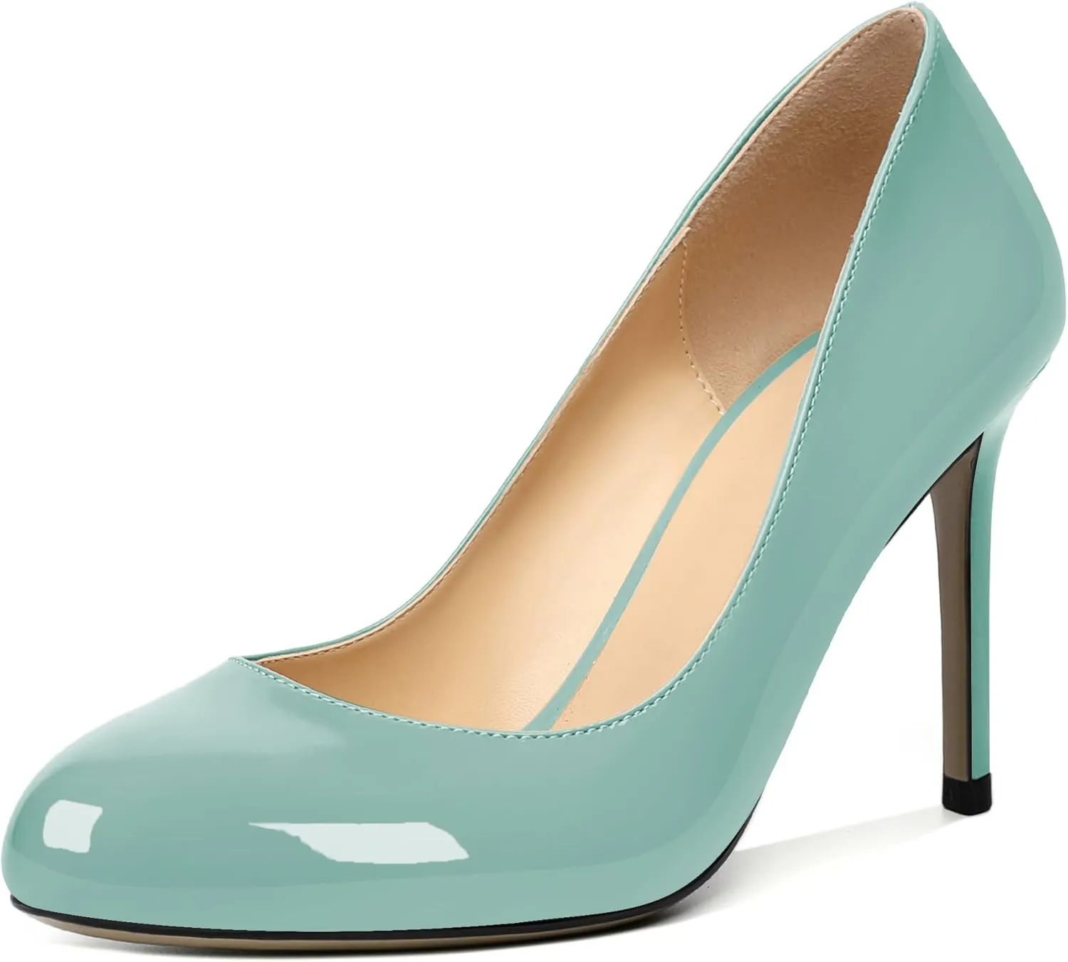 AUMOTED Women Casual Patent Round Toe Pumps Stiletto High Heel Slip On Evening Wedding Dress Shoes 3.4 Inch
