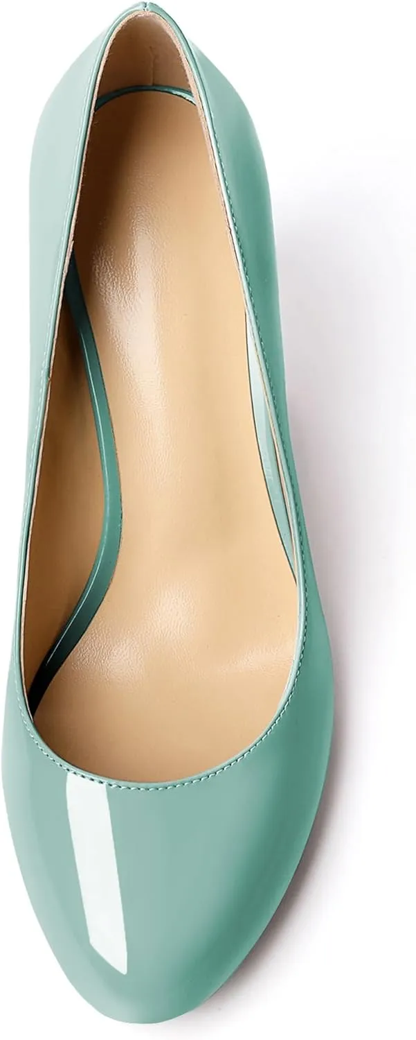 AUMOTED Women Casual Patent Round Toe Pumps Stiletto High Heel Slip On Evening Wedding Dress Shoes 3.4 Inch