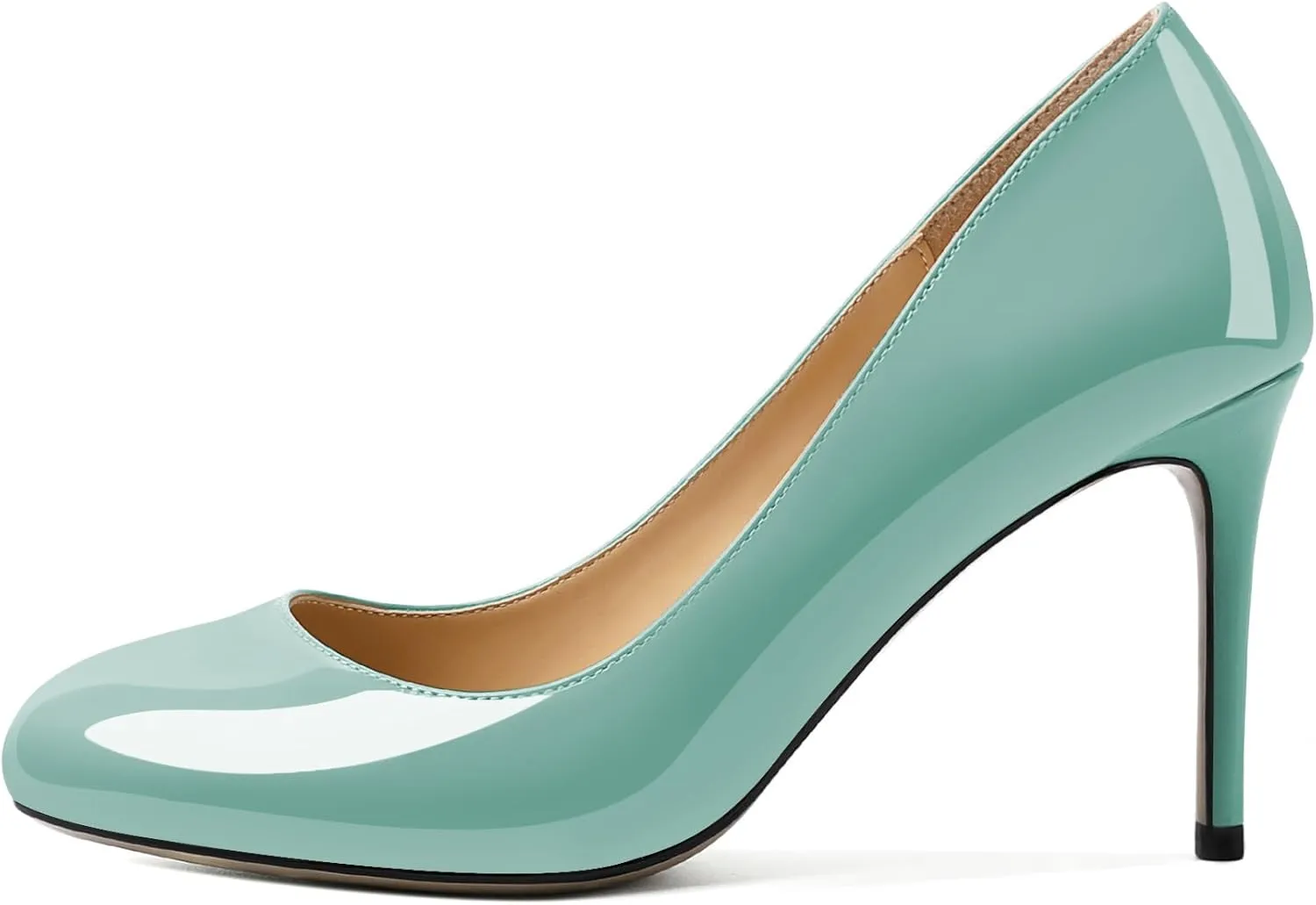 AUMOTED Women Casual Patent Round Toe Pumps Stiletto High Heel Slip On Evening Wedding Dress Shoes 3.4 Inch