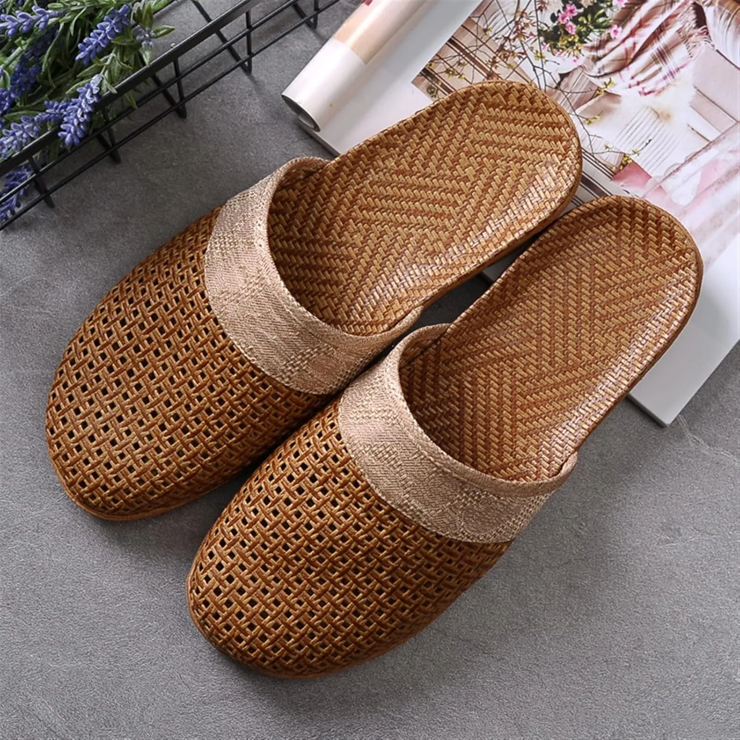 AYGJKIE Flax Tatami Slippers No Slip Indoor Slippers Closed Toe Non Skid Rubber Soles-Breathable and Sweat-Wicking Summer Slide Sandals
