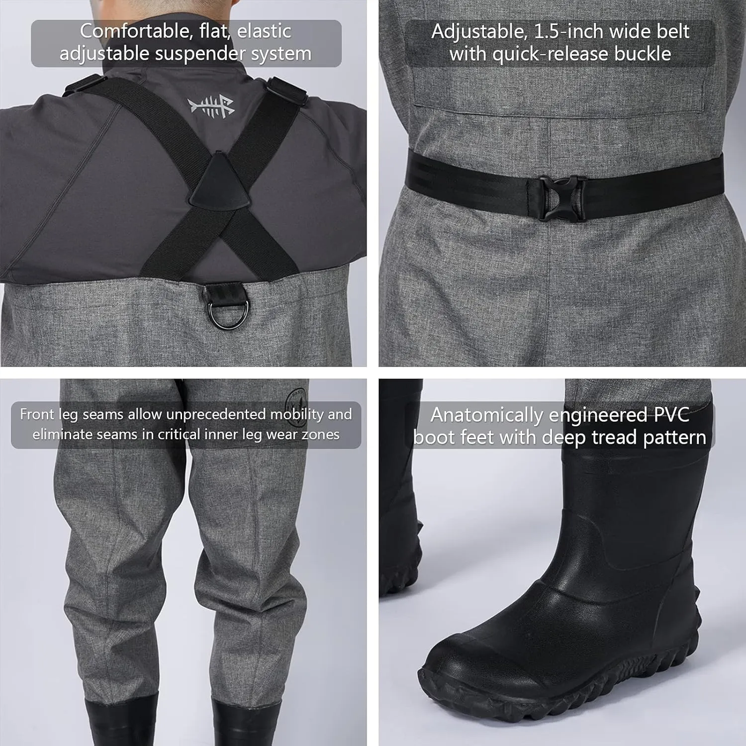 BASSDASH IMMERSE Breathable Ripstop Stocking Boot Foot Fishing Hunting Waders Lightweight Grey Camo Chest Wader for Men Women