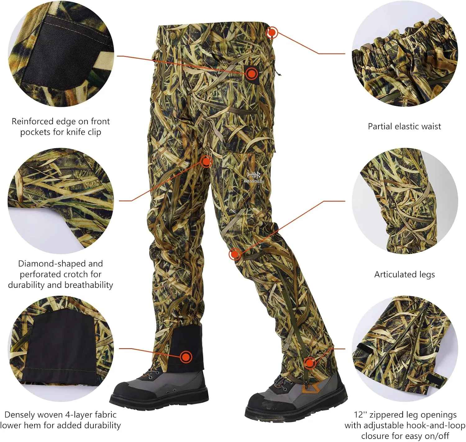BASSDASH Walker Men’s Waterproof Breathable Hunting Pants with Silent Outer Fabric for Fishing Turkey Upland
