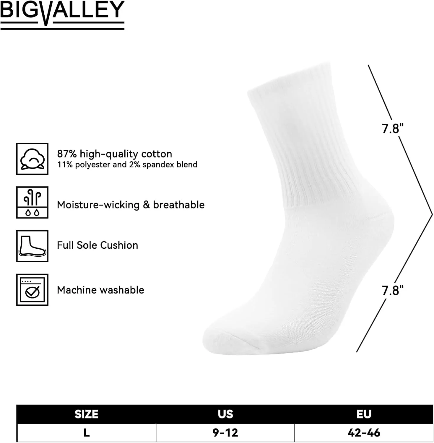 bigvalley Men's Essential Cotton Dress Crew Socks, Classic - Cushioned Athletic Comfort for Casual and Sports