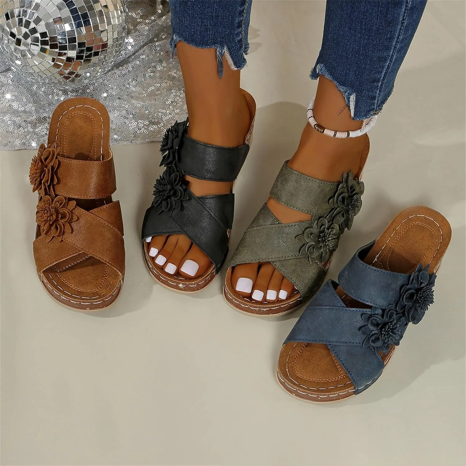 BILIKEYU Womens Slip On Slide Sandals Flowers Crisscross Sreaps Thick Sole Comfortable Summer Wedge Platform Sandal