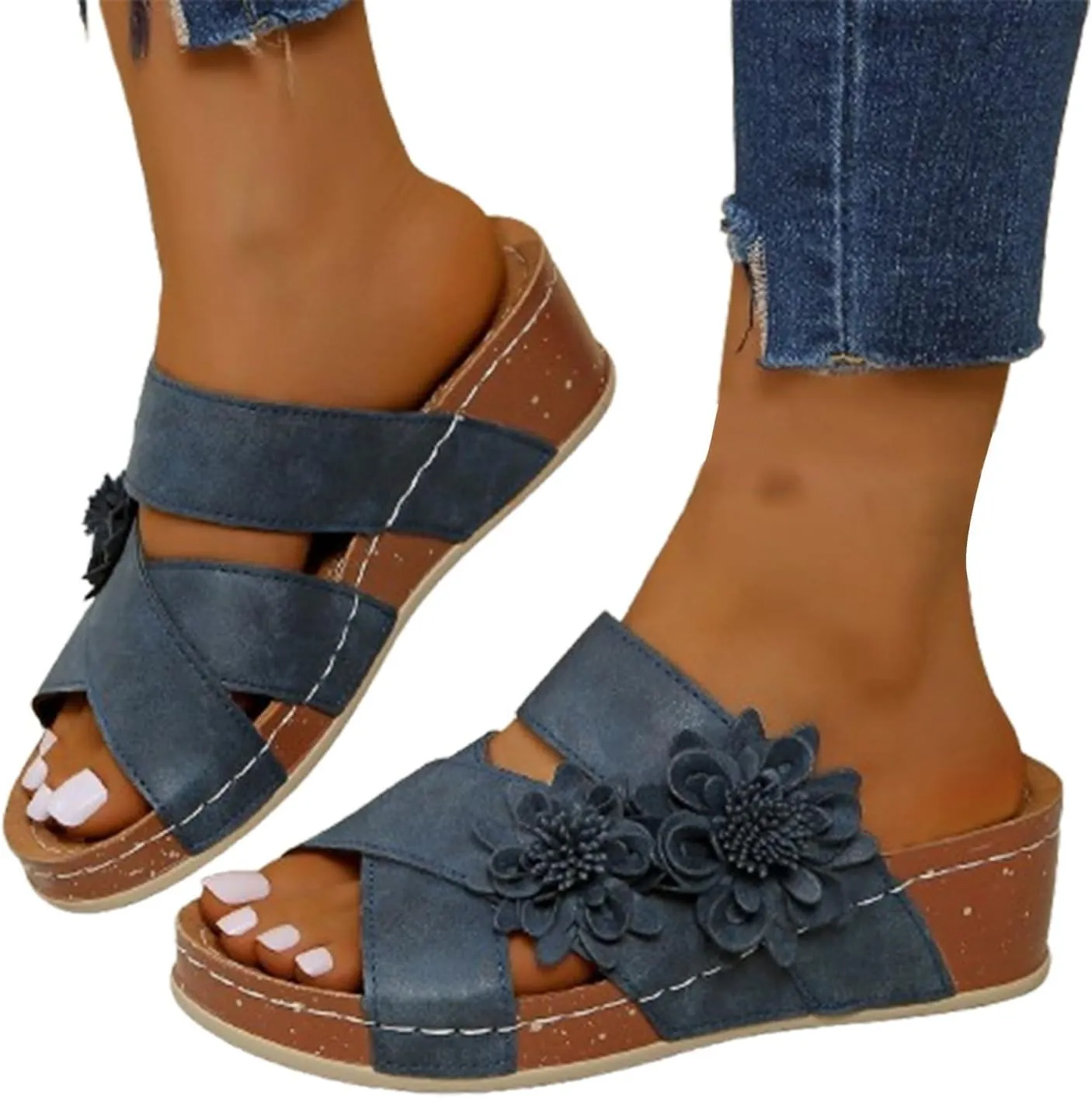 BILIKEYU Womens Slip On Slide Sandals Flowers Crisscross Sreaps Thick Sole Comfortable Summer Wedge Platform Sandal