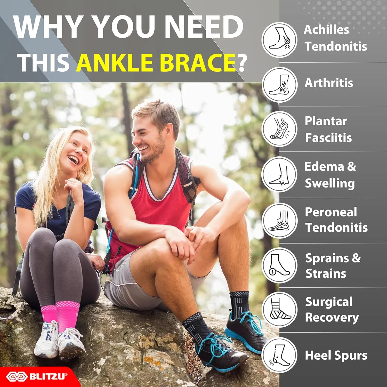 BLITZU Ankle Brace for Women, Men, Plantar Fasciitis Relief, Achilles Tendonitis Brace for Sprained Foot, Ankle Compression Sleeve with Strap Nude S