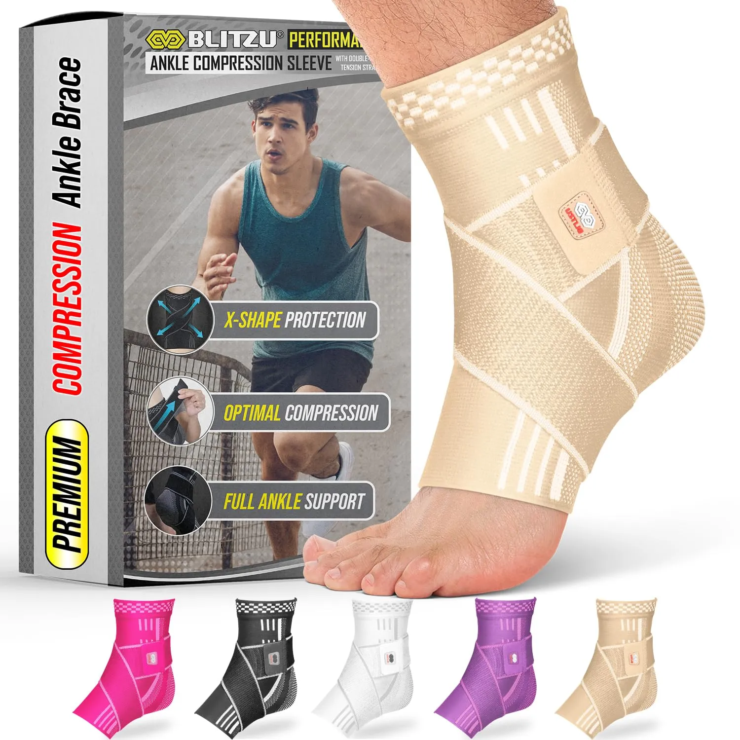 BLITZU Ankle Brace for Women, Men, Plantar Fasciitis Relief, Achilles Tendonitis Brace for Sprained Foot, Ankle Compression Sleeve with Strap Nude S