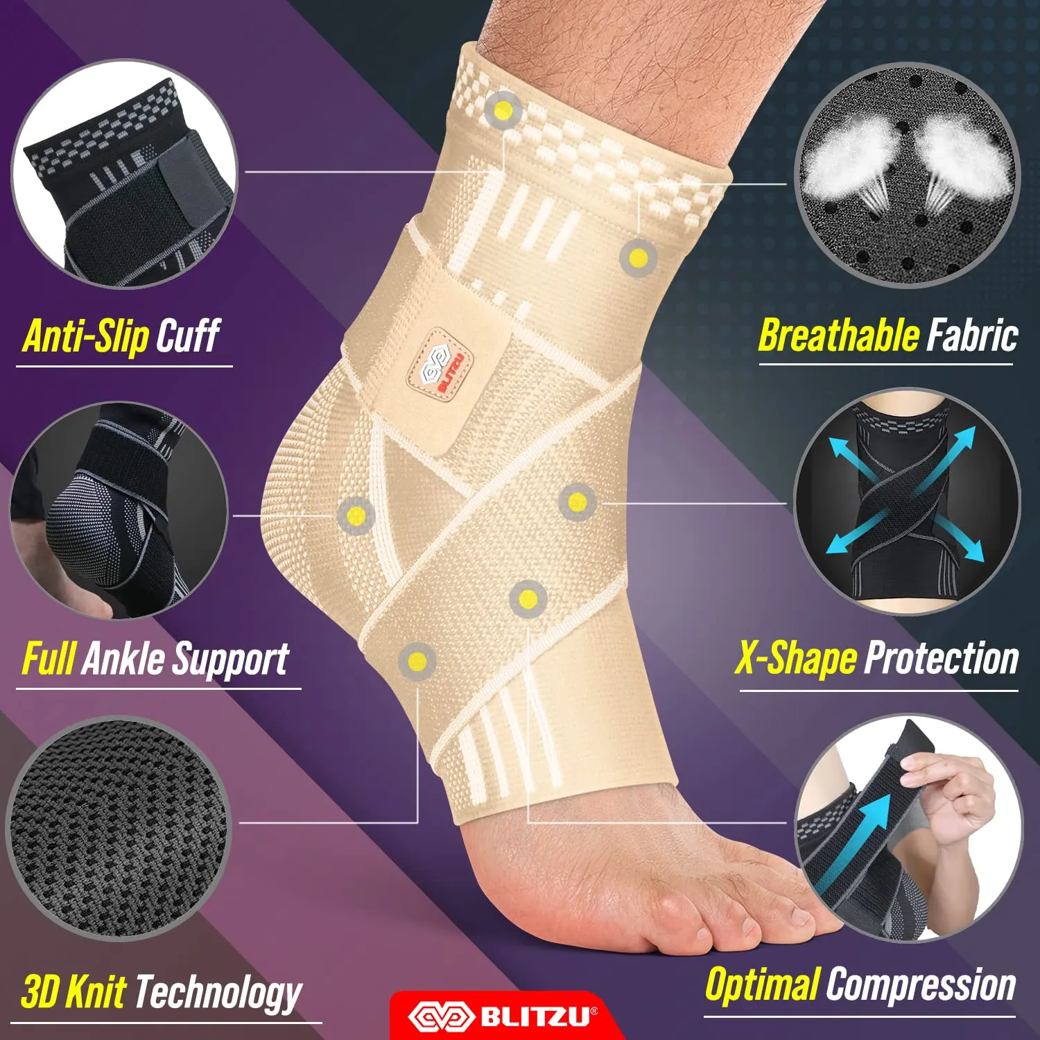 BLITZU Ankle Brace for Women, Men, Plantar Fasciitis Relief, Achilles Tendonitis Brace for Sprained Foot, Ankle Compression Sleeve with Strap Nude S