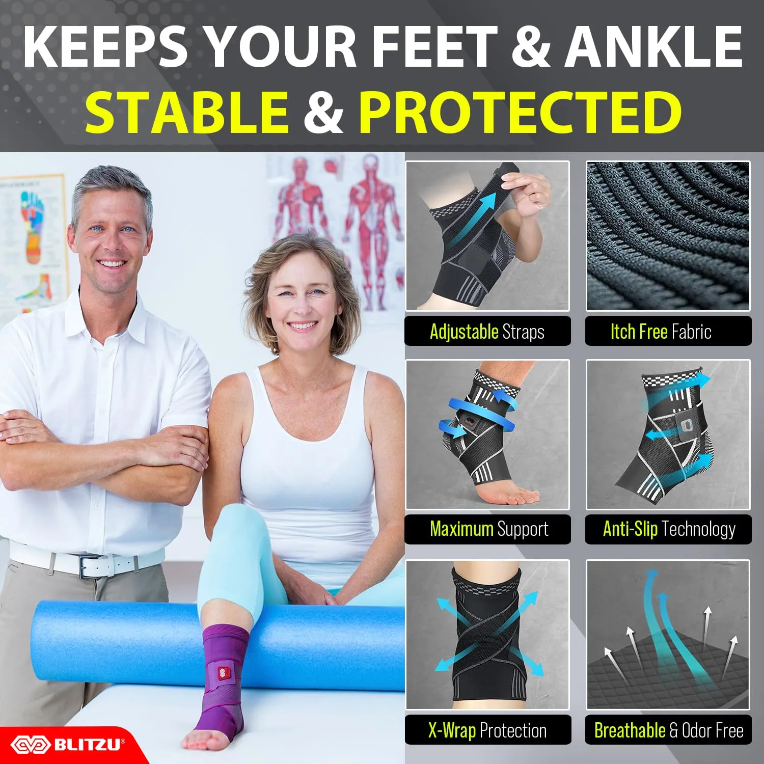 BLITZU Ankle Brace for Women, Men, Plantar Fasciitis Relief, Achilles Tendonitis Brace for Sprained Foot, Ankle Compression Sleeve with Strap Nude S