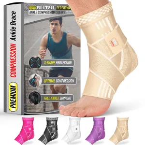BLITZU Ankle Brace for Women, Men, Plantar Fasciitis Relief, Achilles Tendonitis Brace for Sprained Foot, Ankle Compression Sleeve with Strap Nude S