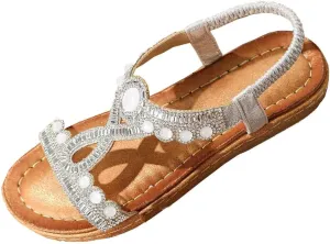 Bohemian Sandals for Women T-Strap Beaded Flower Rhinestone Flat Sandal Dress Beach Shoes Hiking Workout Shoe Summer Y2K Dressy