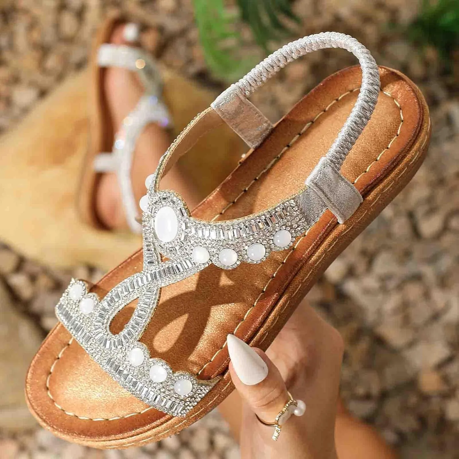Bohemian Sandals for Women T-Strap Beaded Flower Rhinestone Flat Sandal Dress Beach Shoes Hiking Workout Shoe Summer Y2K Dressy