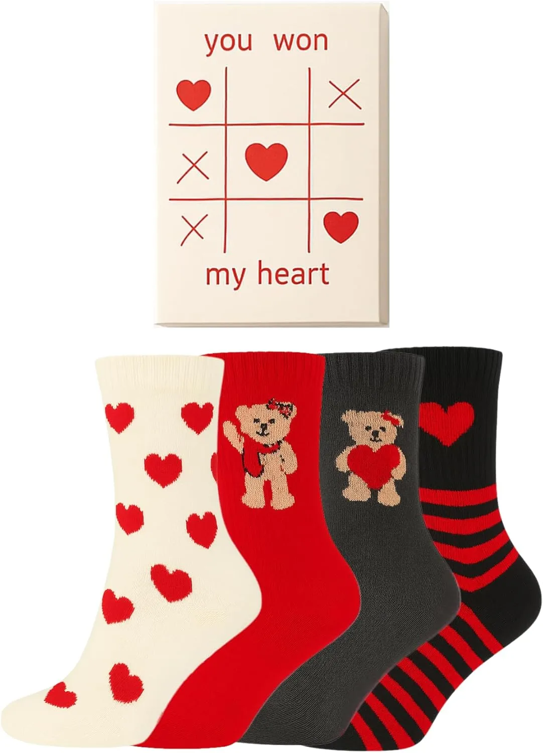 bony&katia Valentine's Day Women's Crew Socks – 4 Pairs Gift Box Set, Heart and Teddy Bear Designs, Non-Slip Cotton