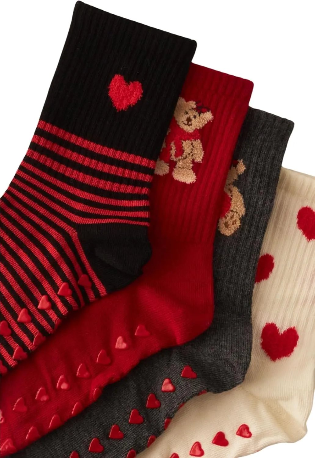 bony&katia Valentine's Day Women's Crew Socks – 4 Pairs Gift Box Set, Heart and Teddy Bear Designs, Non-Slip Cotton