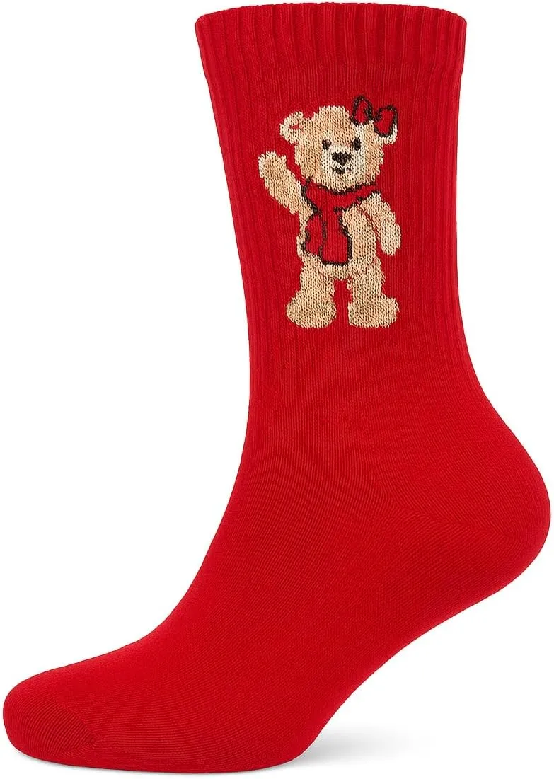 bony&katia Valentine's Day Women's Crew Socks – 4 Pairs Gift Box Set, Heart and Teddy Bear Designs, Non-Slip Cotton
