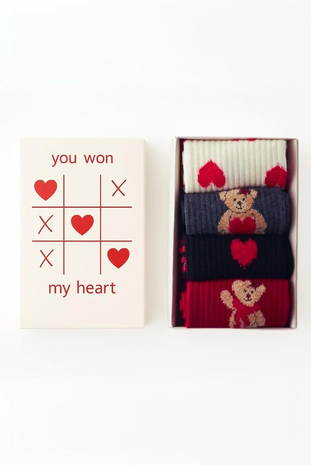 bony&katia Valentine's Day Women's Crew Socks – 4 Pairs Gift Box Set, Heart and Teddy Bear Designs, Non-Slip Cotton