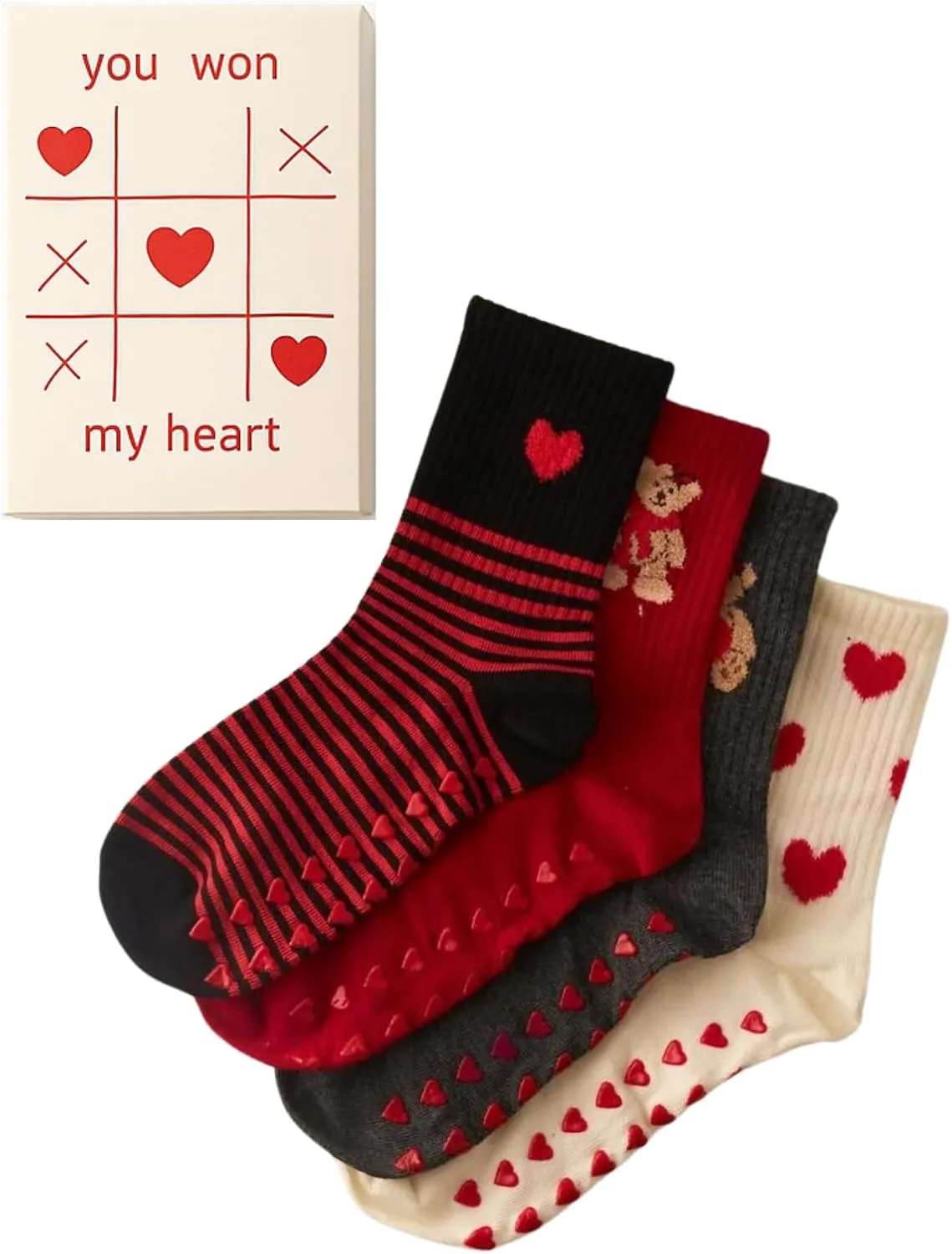 bony&katia Valentine's Day Women's Crew Socks – 4 Pairs Gift Box Set, Heart and Teddy Bear Designs, Non-Slip Cotton