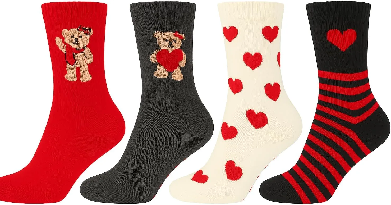bony&katia Valentine's Day Women's Crew Socks – 4 Pairs Gift Box Set, Heart and Teddy Bear Designs, Non-Slip Cotton