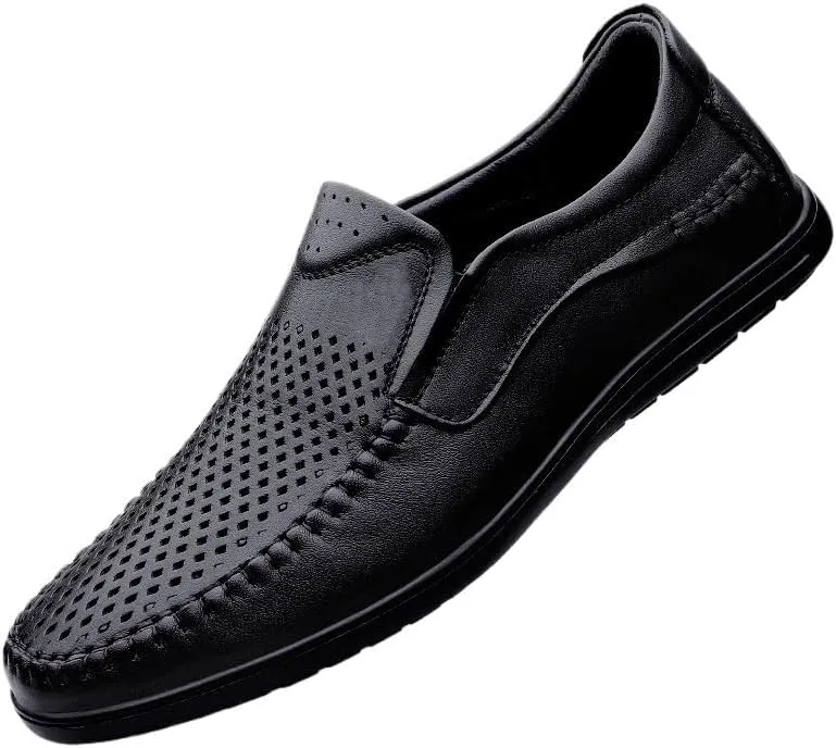 Breathable Slip-On Loafers for Men, Hollow Leather Dress Shoes, Casual Business Flats, Comfortable Outdoor Footwear for Men, Lightweight Slip-On Leather Shoes for Business and Casual Wear