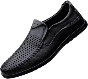 Breathable Slip-On Loafers for Men, Hollow Leather Dress Shoes, Casual Business Flats, Comfortable Outdoor Footwear for Men, Lightweight Slip-On Leather Shoes for Business and Casual Wear