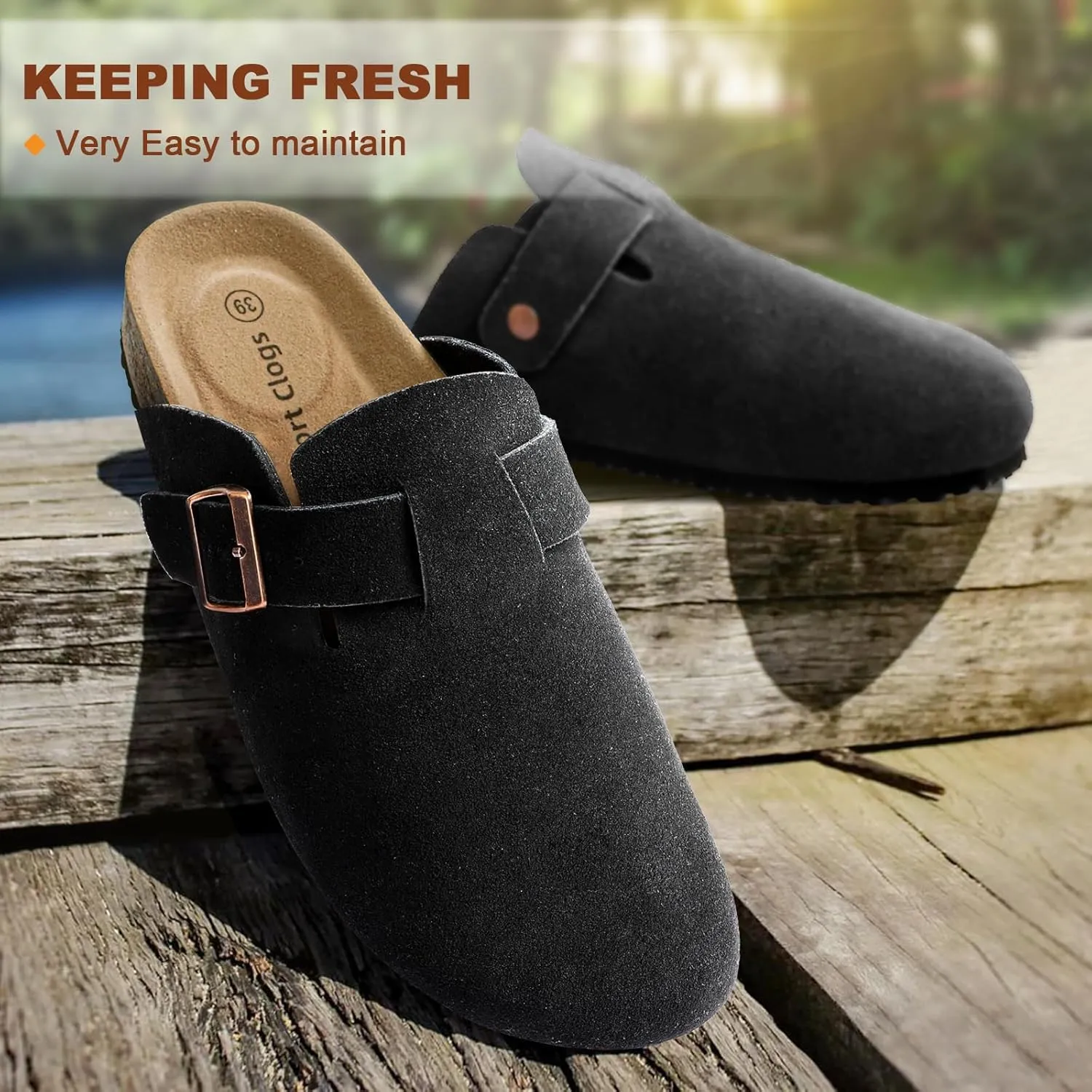 BULLIANT Women Suede Clogs Mules Sandals Slippers Potato Shoes-Cushioned Coak Footbed Crease-Resist Leather Upper