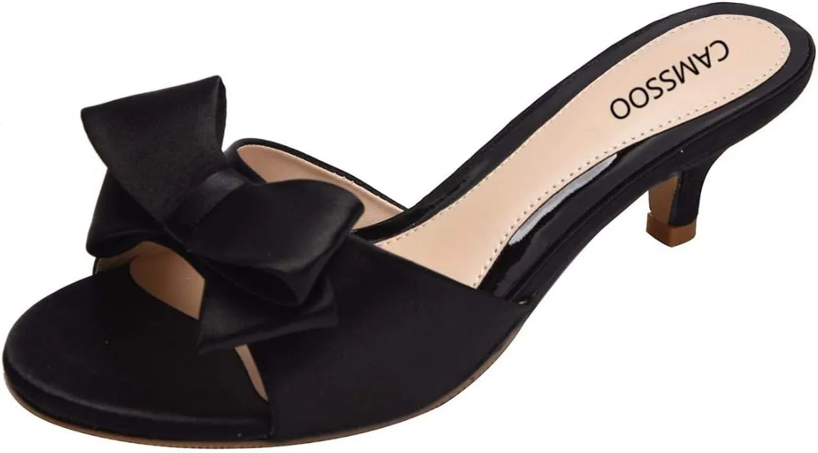 CAMSSOO Women's Satin Kitten Heels Mules Sandals Slip On Bowknot Open Toe Backless Dress Sexy Low Heeled Slipper Slides…