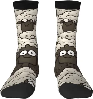 Cartoon Black White Sheep Crew Socks Unisex Cushioned Breathable Athletic Ankle Socks Casual Calf Socks for Running