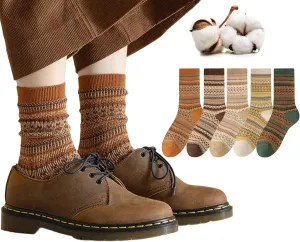CHUNFO Womens Cottagecore Crew Socks Striped Argyle Retro Socks Cottagecore Cotton Boot Sock Size5-9.5