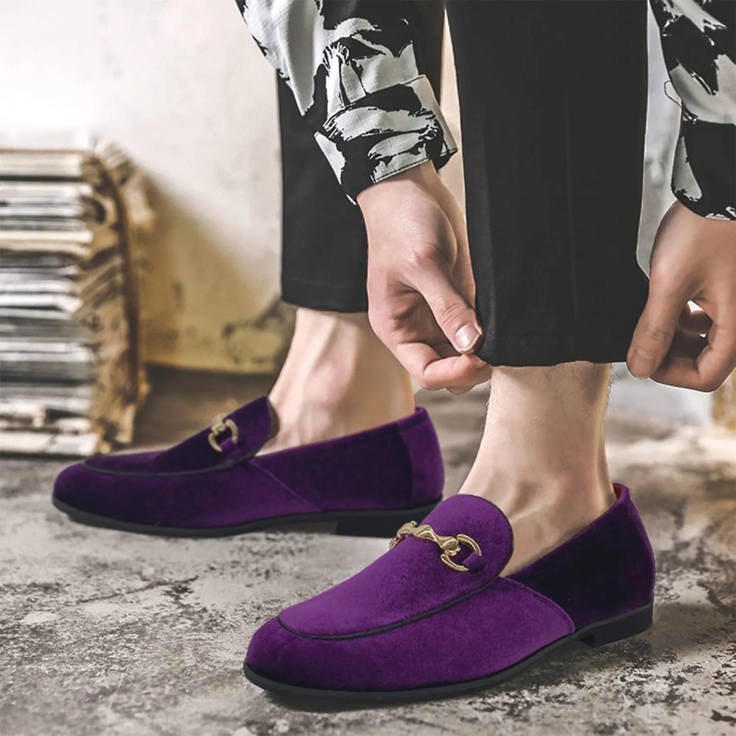 CMM Men's Velvet Slip On Loafers Shiny Metallic Slipper Loafers Luxury Dress Shoes Nightclub Party