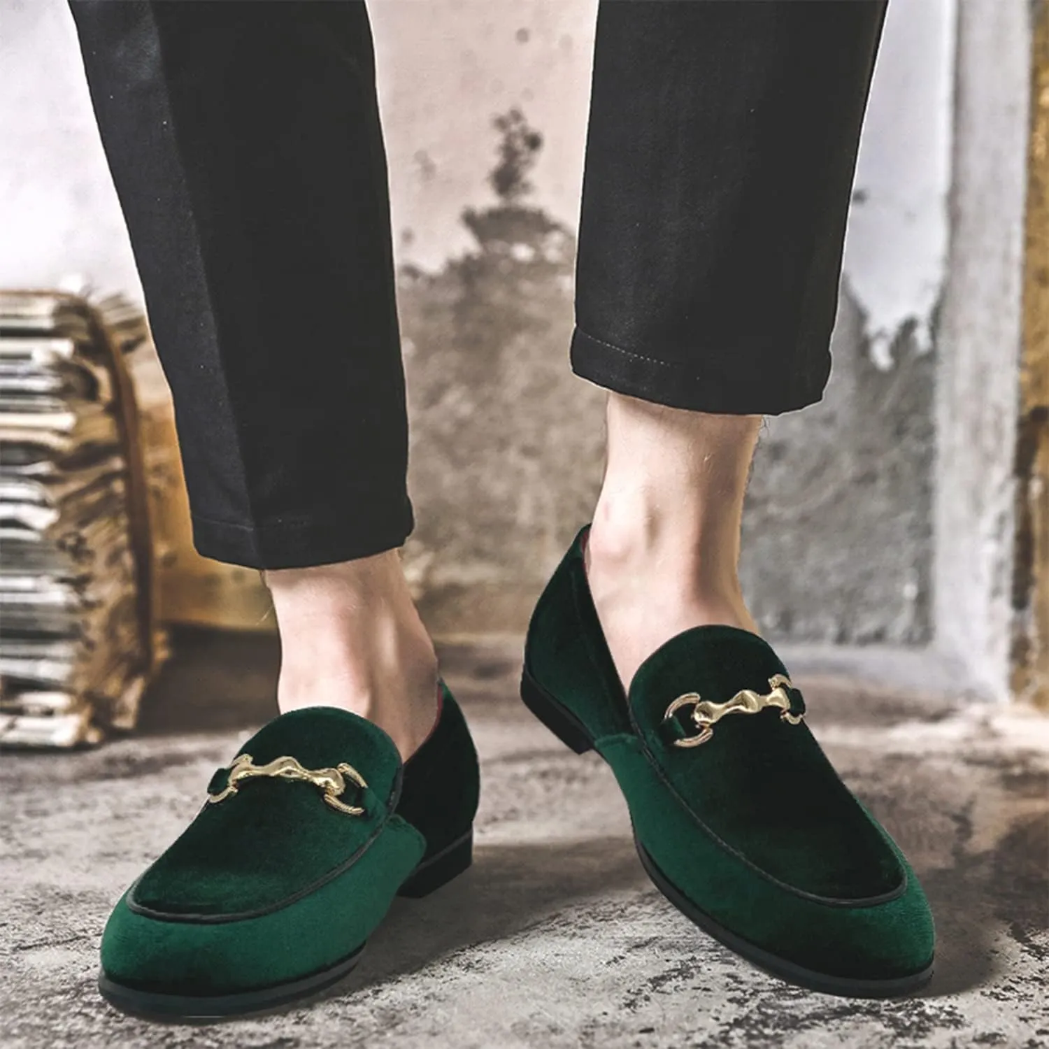 CMM Men's Velvet Slip On Loafers Shiny Metallic Slipper Loafers Luxury Dress Shoes Nightclub Party
