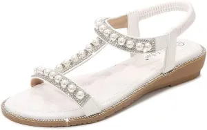 Comfortable Women's Sandals Summer Bohemian Style Beach Shoes Pearl Rhinestone Elastic Strap Flat Sandals