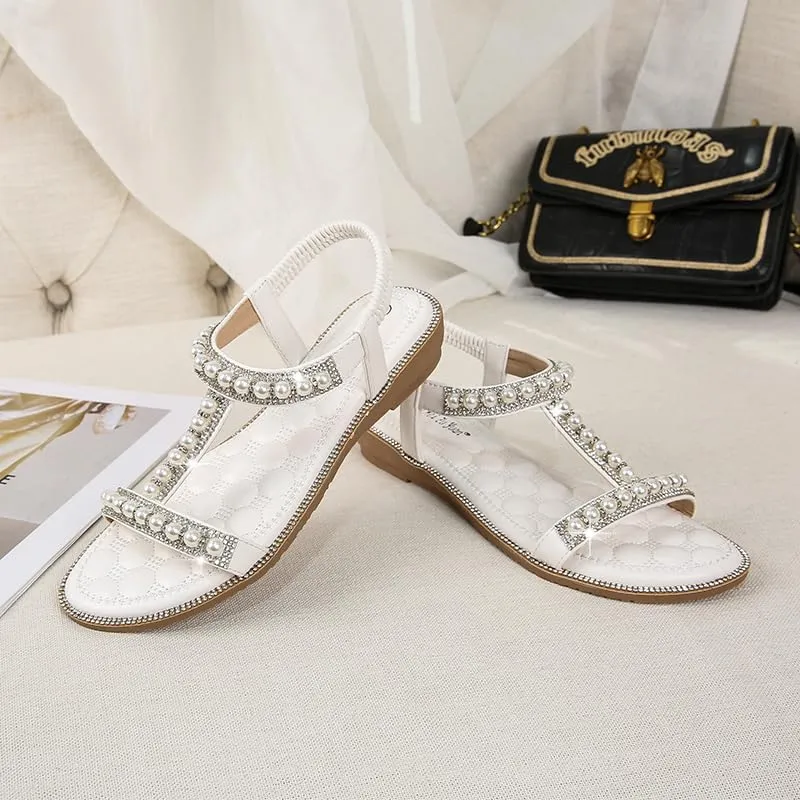 Comfortable Women's Sandals Summer Bohemian Style Beach Shoes Pearl Rhinestone Elastic Strap Flat Sandals