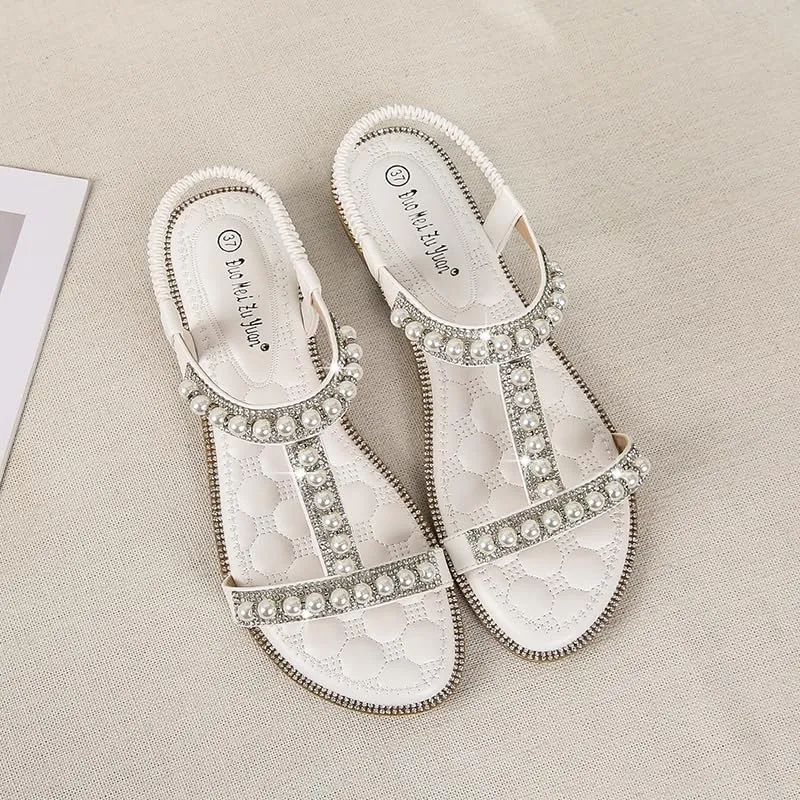 Comfortable Women's Sandals Summer Bohemian Style Beach Shoes Pearl Rhinestone Elastic Strap Flat Sandals