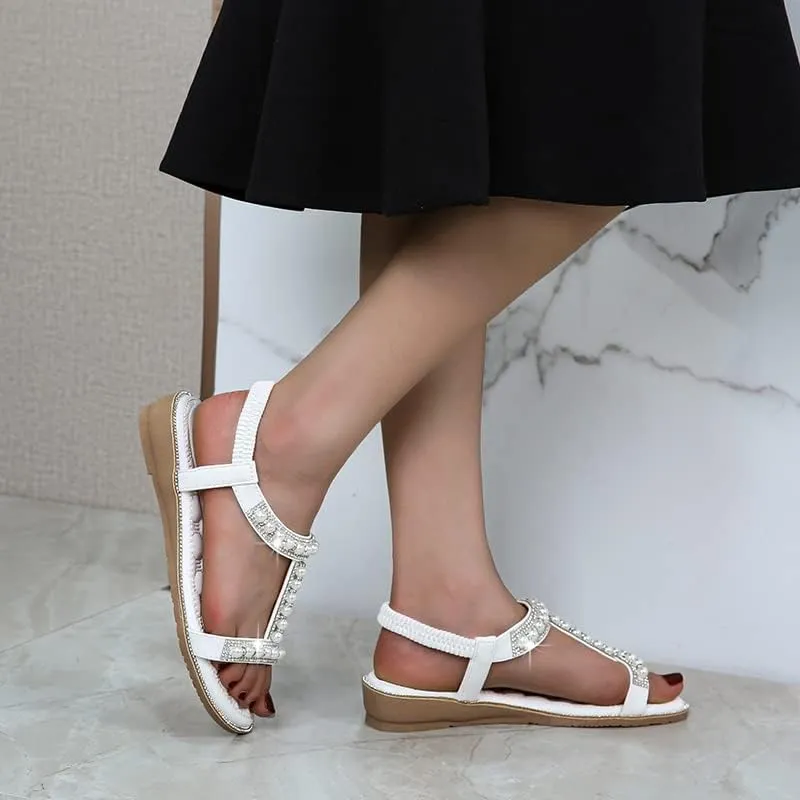 Comfortable Women's Sandals Summer Bohemian Style Beach Shoes Pearl Rhinestone Elastic Strap Flat Sandals