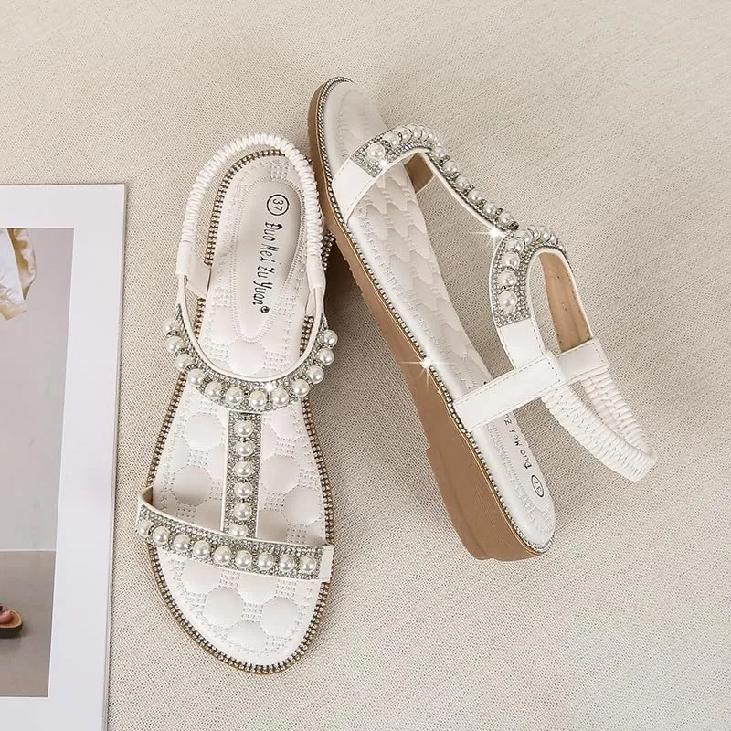 Comfortable Women's Sandals Summer Bohemian Style Beach Shoes Pearl Rhinestone Elastic Strap Flat Sandals
