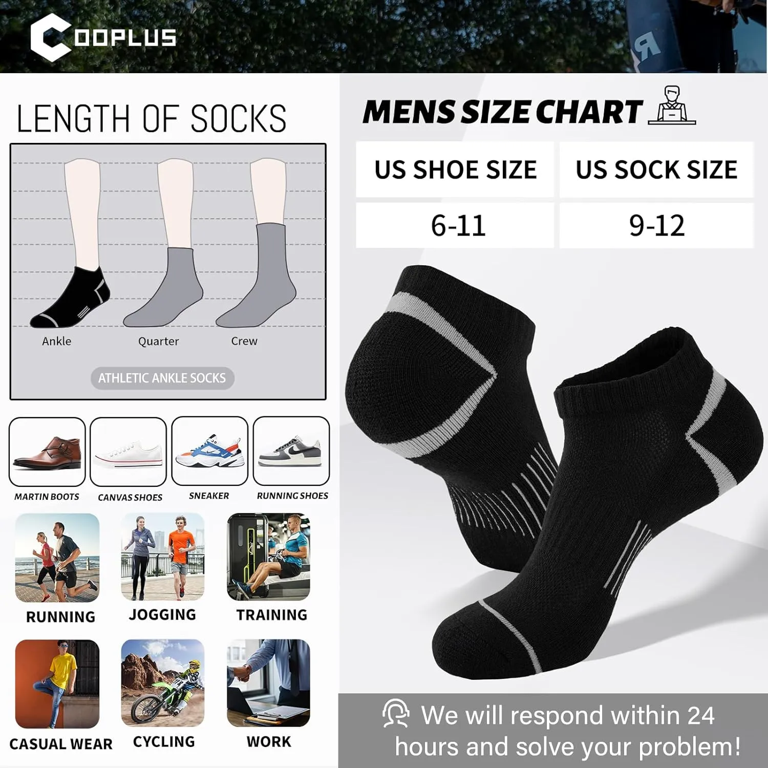 COOPLUS 12 Pack Men's Athletic Ankle Socks Cushioned Running Breathable Low Cut Casual Socks