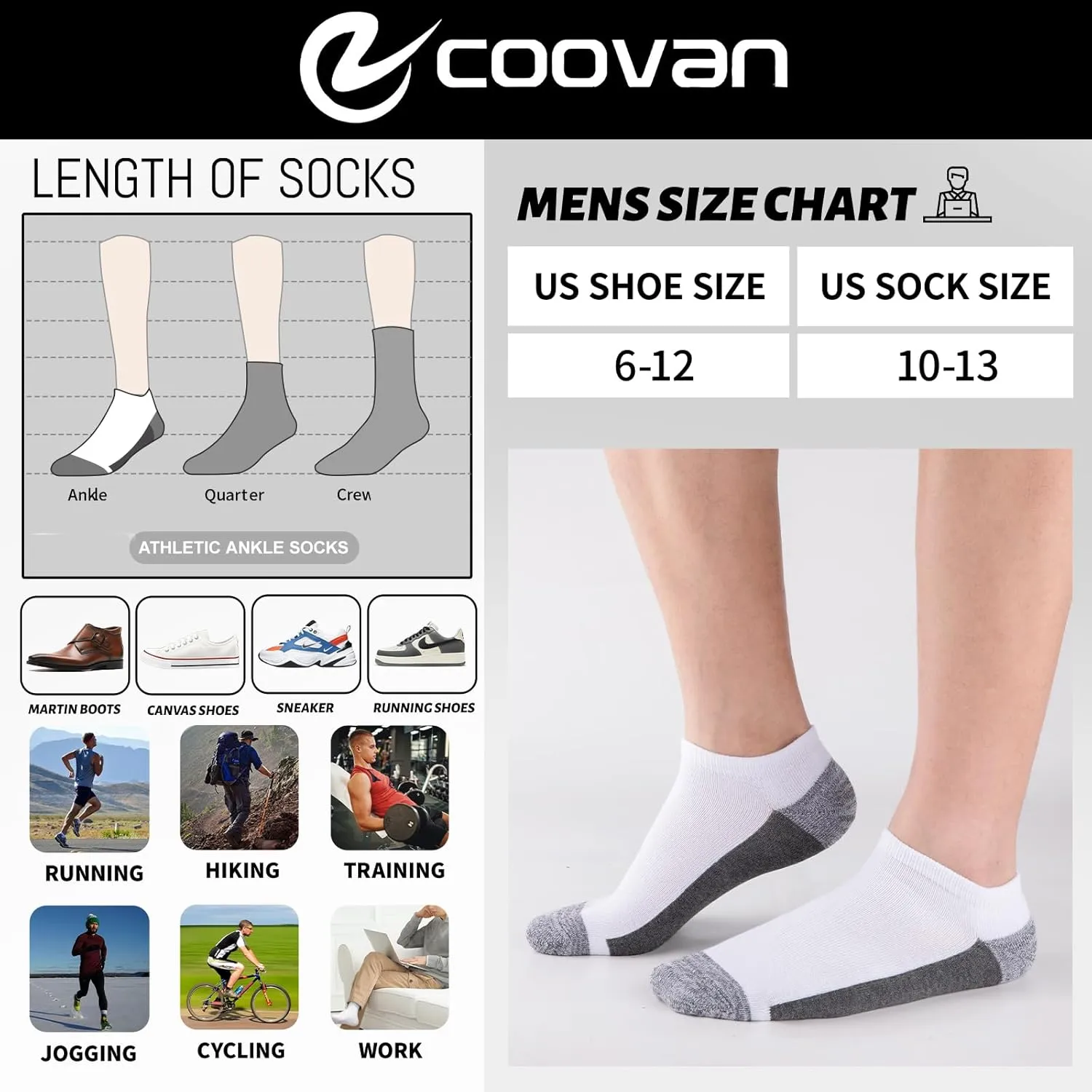 COOVAN Men Athletic Ankle Socks 12 pack Low Cut Short Cushion Casual Sock（12 pairs）